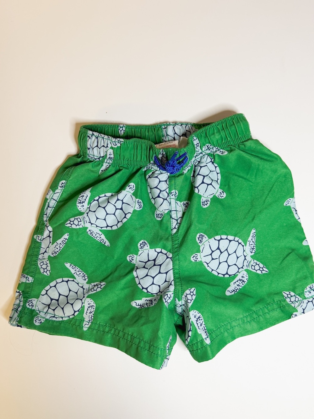Mini Boden, Green Turtle Print Kids Swim Trunks, 3T
